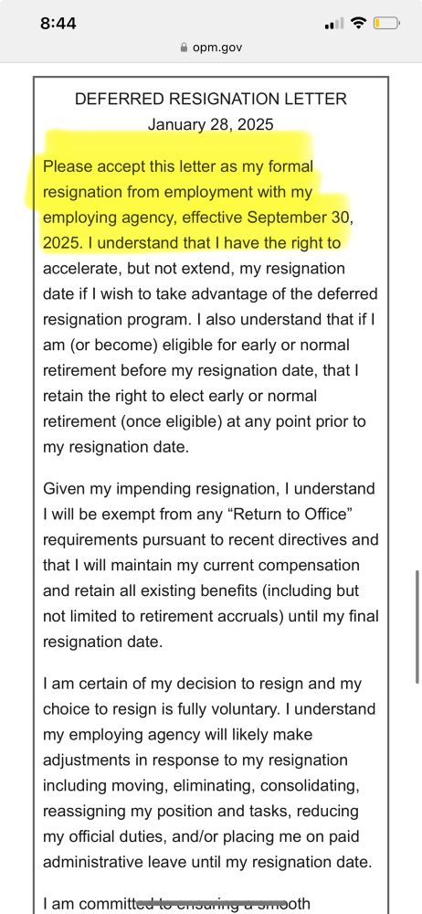 Draft resignation letter under the “deferred resignation program”