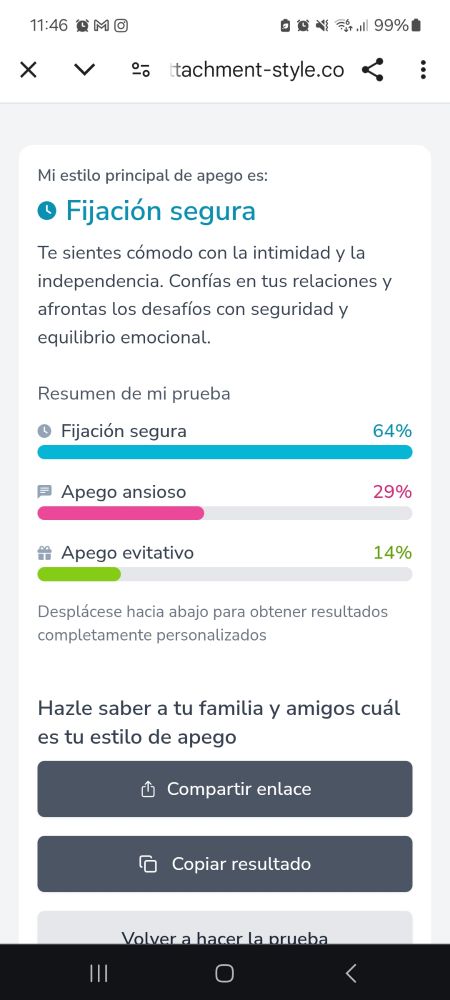 Test de tipos de apego. Resultado: 64% apego seguro. 29% apegoi ansioso. 14% apego evitativo.