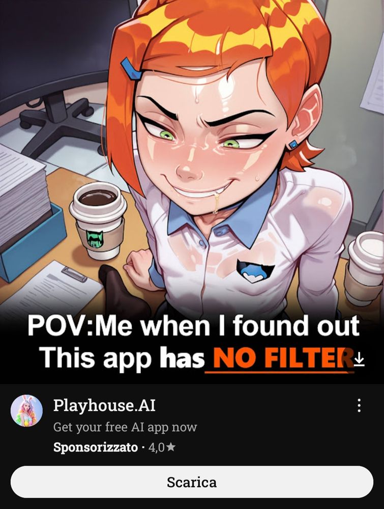 Sponsored post on YouTube. It's borderline NSFW Gwen from Ben 10 art used to advertise "Playhouse.AI" with a tagline that reads "POV: Me when I found out this app has NO FILTER"