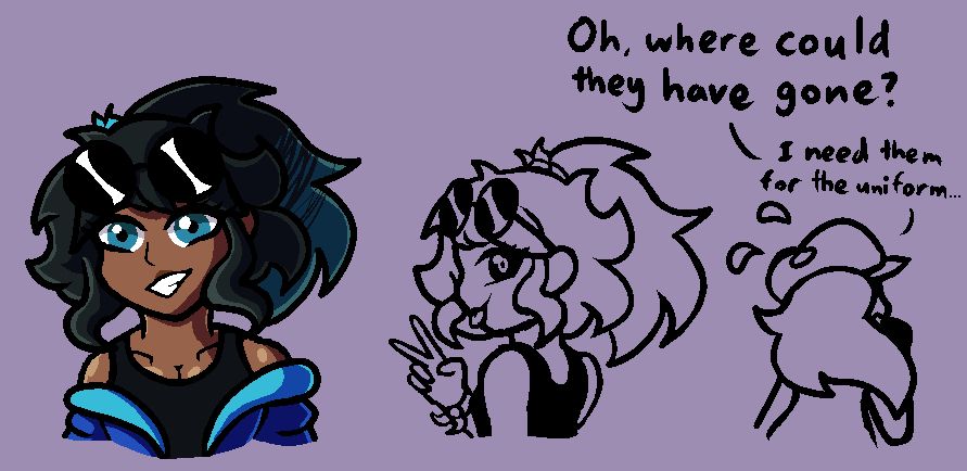 [OC] Digital drawing of my original characters Jackie and Eni. There's a coloured standalone drawing of Jackie, while there's a sketch on the right where Jackie has taken Eni's round sunglasses, wearing them over her head while Eni tries looking for them due to needing them as part of their work uniform. This is an attempt by Jackie to see Eni's eyes, as they are never visible by design.
(This came about while I was messing around with Eni's glasses shape)