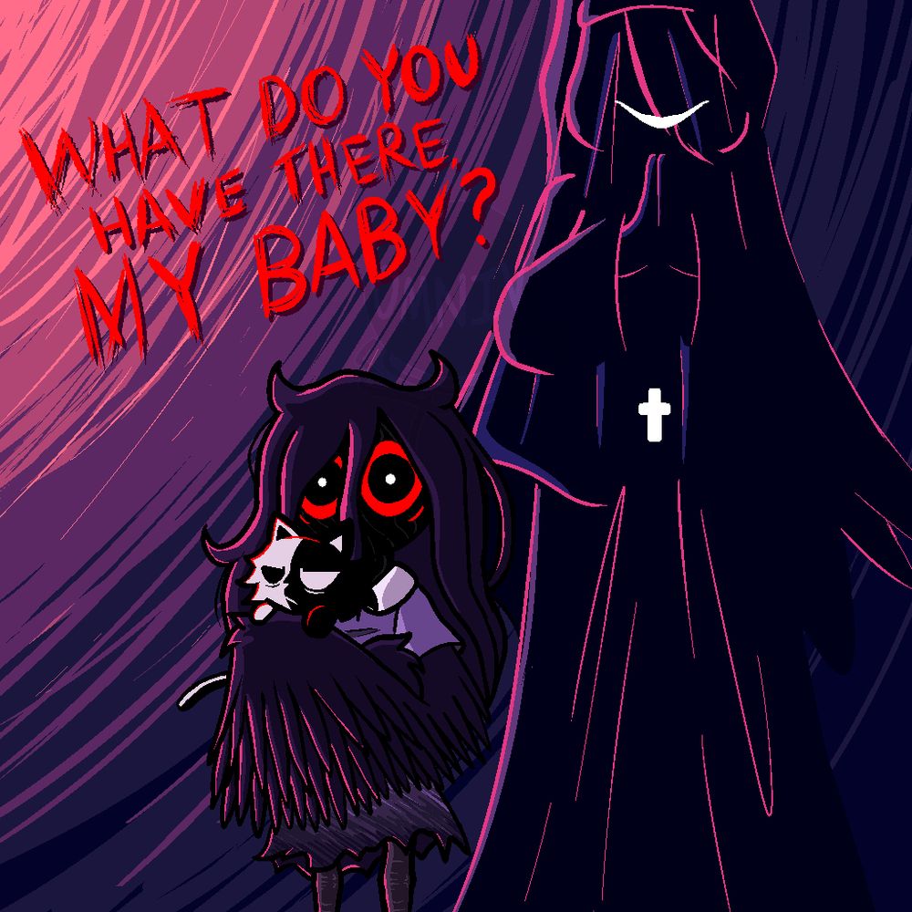 [FANART] A little girl with wings for arms holding a disgruntled black and white cat. She's startled by her mother's threatening tone in asking what she's holding.