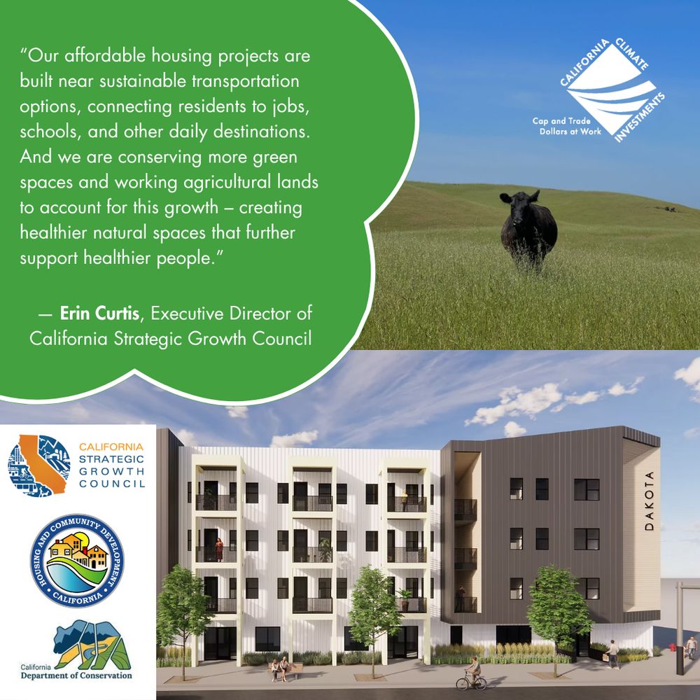 Text reads: “ ‘Our affordable housing projects are built near sustainable transportation options, connecting residents to jobs, schools, and other daily destinations. And we are conserving more green spaces and working agricultural lands to account for this growth – creating healthier natural spaces that further support healthier people.’  Erin Curtis, Executive Director of California Strategic Growth Council” 

California Climate Investments. California Strategic Growth Council. California Housing and Community Development. 