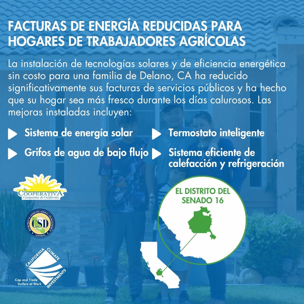: Una familia está de pie frente a su casa. 

Texto: 
 "FACTURAS DE ENERGÍA REDUCIDAS PARA HOGARES DE TRABAJADORES AGRÍCOLAS 
 La instalación de tecnologías solares y de eficiencia energética sin costo para una familia de Delano, CA ha reducido significativamente sus facturas de servicios públicos y ha hecho que su hogar sea más fresco durante los días calurosos. Las mejoras instaladas incluyen: 
 ▶ Sistema de energía solar 
 ▶ Grifos de agua de bajo flujo 
 ▶ Termostato inteligente 
 ▶ Sistema eficiente de calefacción y refrigeración" 

"EL DISTRITO DEL SENADO 16" 

Cooperativa Campesina de California, California Department of Community Services and Development (CSD), y California Climate Investments. 