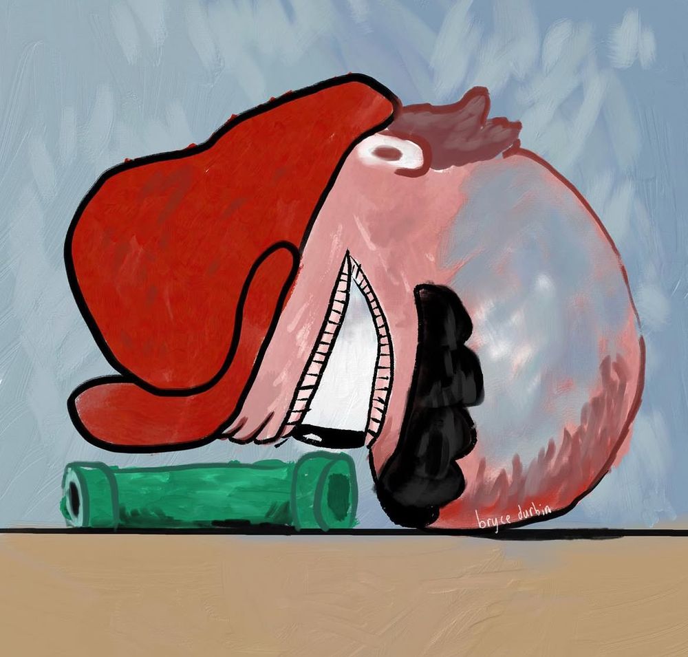 Mario in the style of Philip Guston, face down looking at a green pipe 