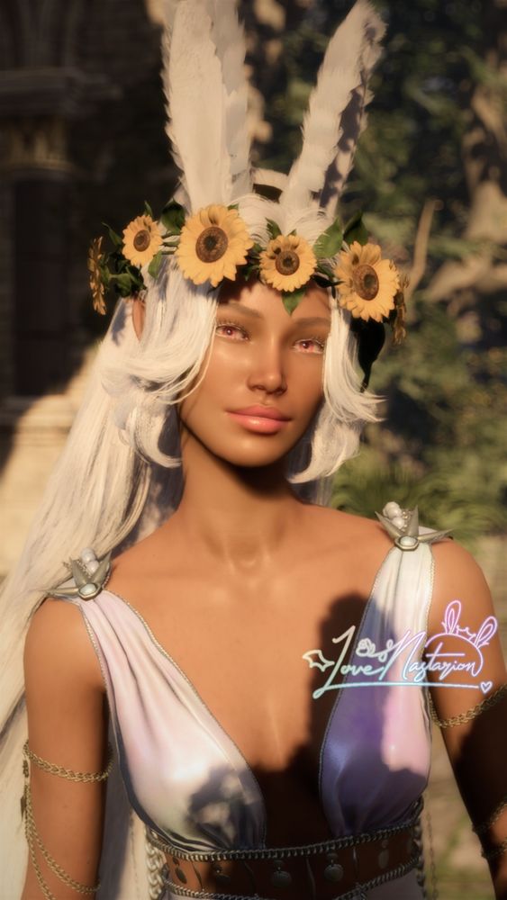 Elara wearing a beautiful sunflower crown.