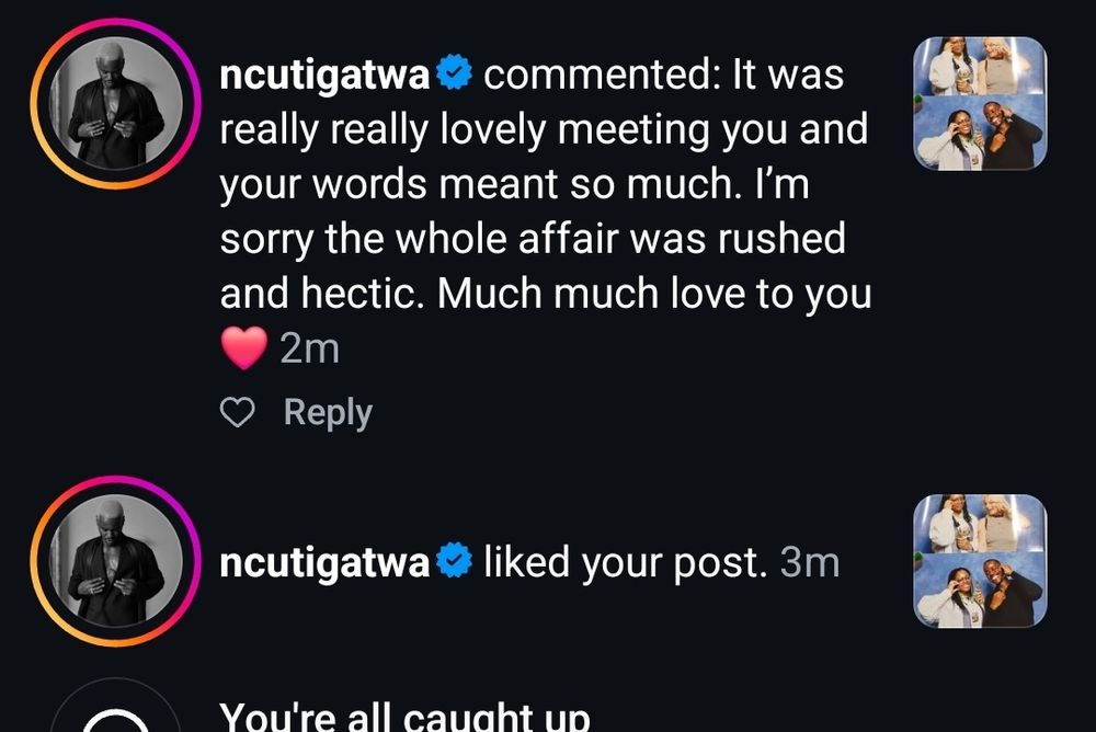 Screenshot of Ncuti reply to my instagram post. "It was really really lovely meeting you and your words meant so much. I'm sorry the whole affair was rushed and hectic. Much much love to you ❤️"