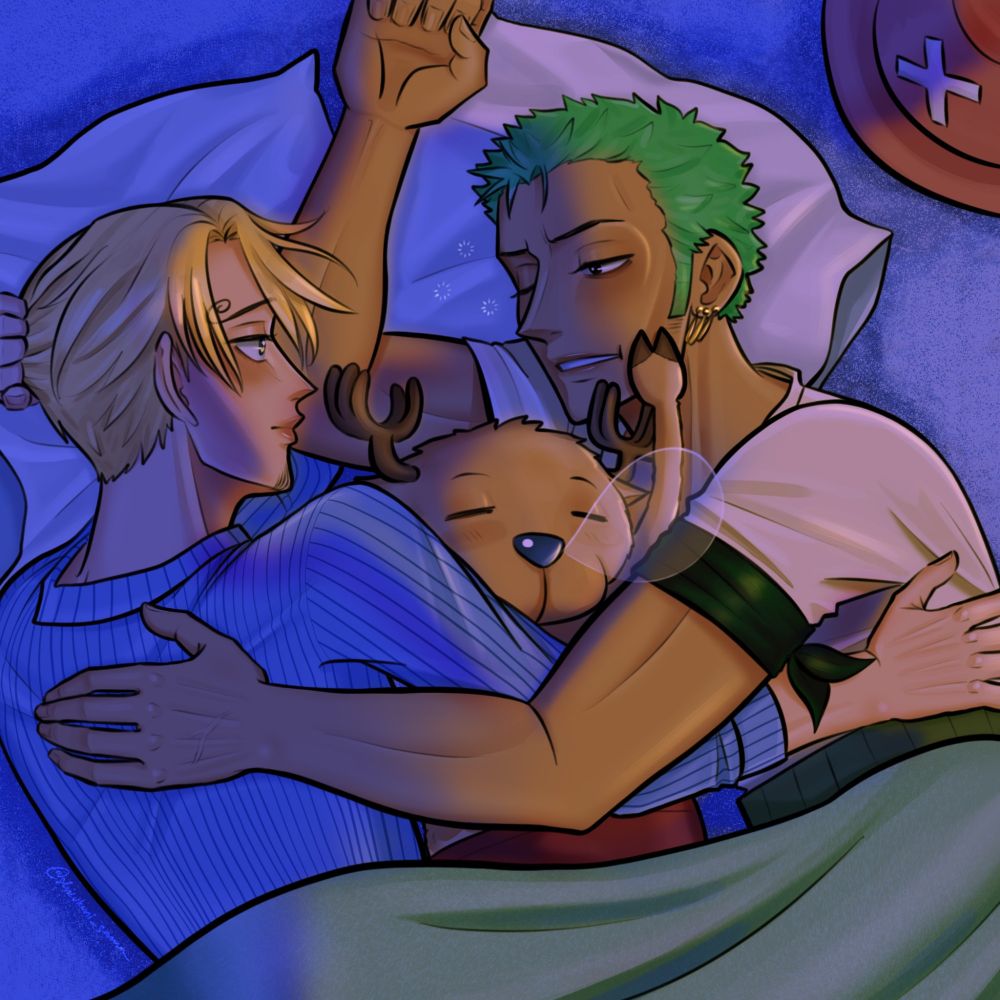 Zoro and Sanji curled up under a blanket with Chopper sleeping between them.