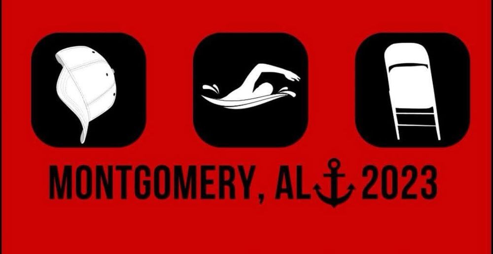 On a red background, three black boxes show the following glyphs in white: a cap, displayed vertically; a persons swimming; and a folding chair. Beneath, the tech reads “Montgomery, AL 2023” with an anchor separating the location and date.
