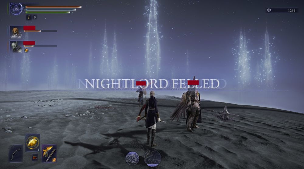 A screenshot from Elden Ring: Nightreign showing three characters standing in a boss arena as the words "Nightlord Felled" appear on the screen