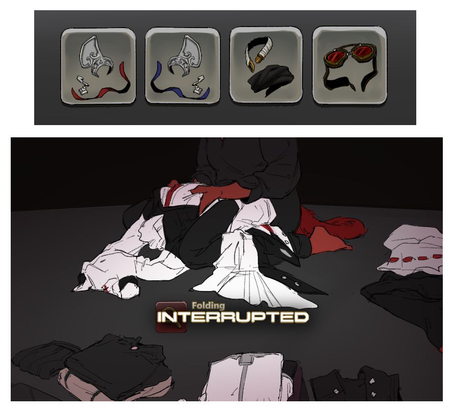 two colored digital sketches. the first of the scions' accessories (the twins' earrings, hairclips, and ribbons. thancred's choker and bandana. urianger's goggles) drawn as if they were inventory items in the game's UI. the second of artist's wol sitting on the ground in the middle of folding the scions' clothing overlaid with an interrupted action UI element.