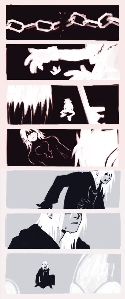 sequence of illustrations in black and white featuring riku and sora from the kingdom hearts. the sequence begins with a chain breaking, then sora falling backwards, and riku approaching him with his reclaimed kingdom key. then riku awakening, blindfolded and dressed in the black robes of the organization, in the memory pod room in castle oblivion