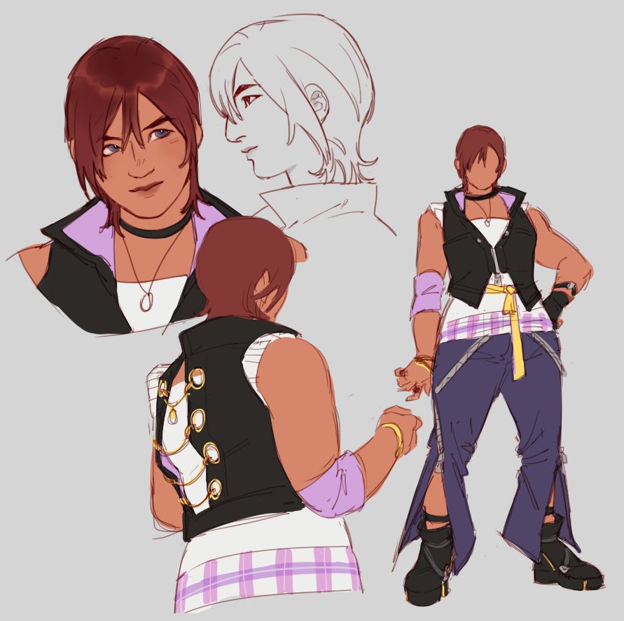 three colored digital sketches (shoulders up, halfbody turned away, and a fullbody) and an uncolored profile sketch of kairi. her hair is cropped short in a bixie cut. she wears a white, sleeveless shirt with a purple plaid pattern at its bottom, underneath a black vest colored purple on the inside. the back of the vest is partially open and has golden chains adorning it. she also wears wide, dark purple, zippered bellbottoms and short black boots