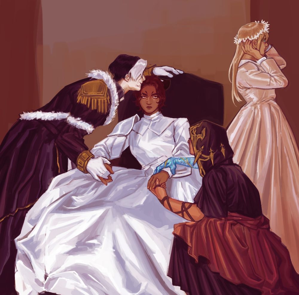 digital illustration. recreation of The Reluctant Bride with artist's wol as the bride in question, emet-selch as the attendant kissing her head, the crystal exarch as the attendant kneeling beside her and holding her hand, and ryne as the girl trying on the bridal headdress