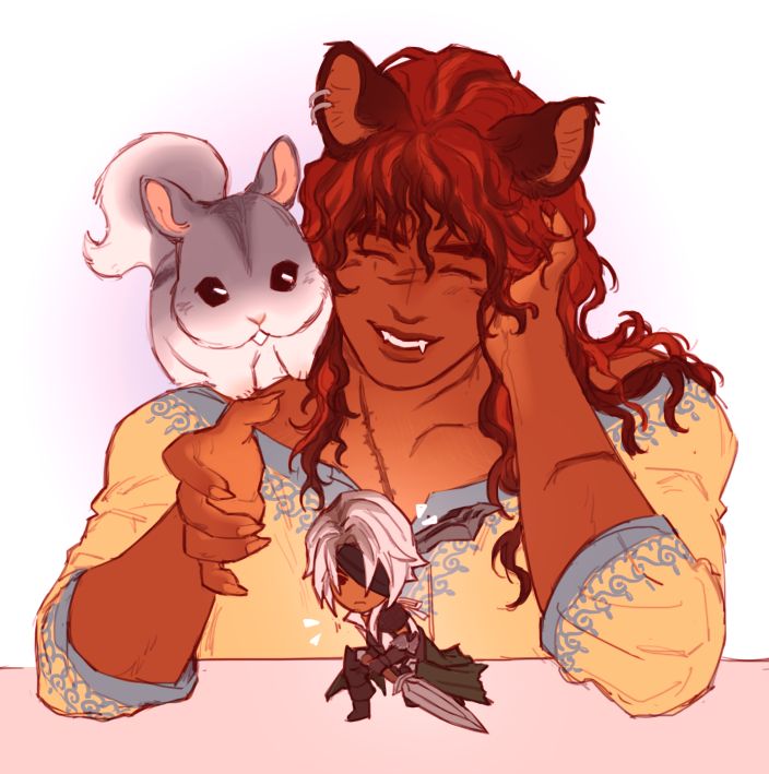 Colored digital sketch of a miqo'te Warrior of Light, sitting at a table (presumably) elbows propped on it, with a Nutkin perched on his shoulder. He is grinning at a Dress-up Thancred minion standing on the table in front of him in a battle-ready stance.