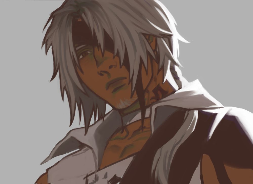 colored digital sketch of thancred (as he appears in heavensward) looking down at something a little blankly. he is starkly lit from the back