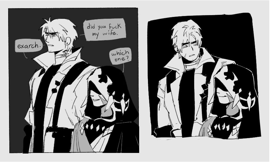 digital sketch
THANCRED: exarch. did you fuck my wife.
EXARCH: which one?
thancred looks down at him with an expression. the exarch remains smiling