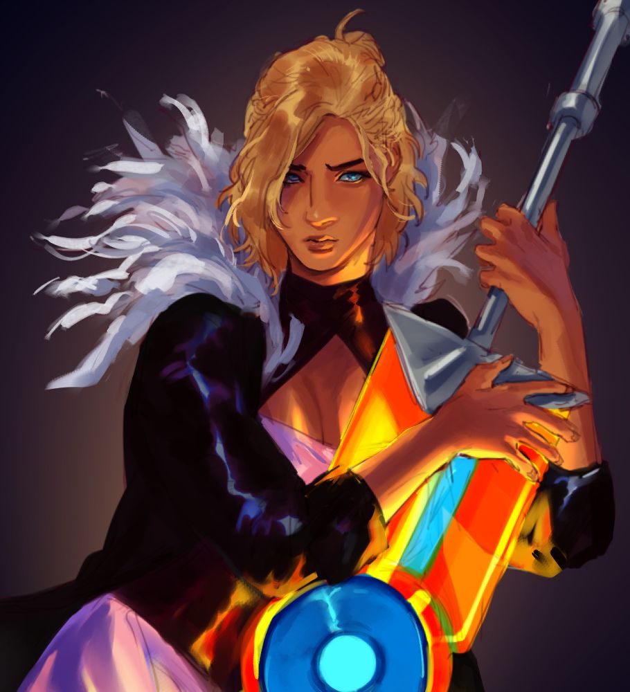Digital half-body illustration of minfilia warde from FFXIV, dressed as Red from Supergiant Games' Transistor. Her dress is pink rather than gold, and her hair is cropped short. In her left hand she holds the hilt of the transistor, which resembles 'a large, broad sword. It has a thin ... silver hilt and a neon (orange) "blade" that bears a resemblance to a microchip or circuit board. A large (blue) circular "eye" occupies its center.' The sword casts an orange glow on her, and her right arm is splayed over it almost protectively. Her gaze is toward the viewer, looking determined.