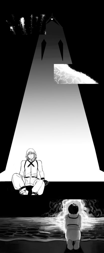 scenes from the restoration of the worlds and destiny islands' shore overlaid on the door to darkness. riku is sitting leaned against it. kairi kneels at the shore