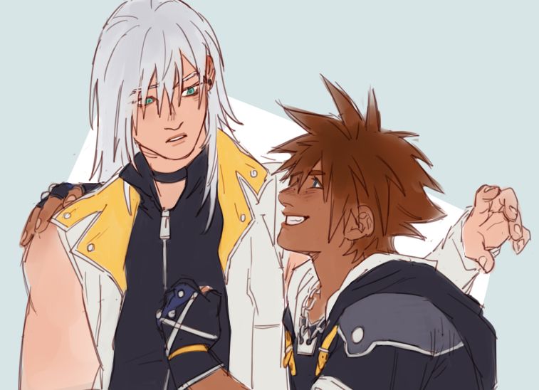 colored digital sketch of sora and riku (as they appear in kingdom hearts 2). sora has one hand on riku's shoulder, the other hand in a fist, and is smiling widely up at him. riku wears a neutral expression, one hand floating behind sora's back uncertainly