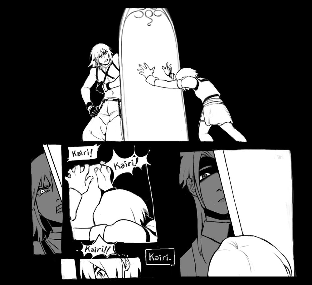 monochrome comic. kairi and riku pushing at the door at destiny islands' play island from opposite sides. he insistently calls her name from behind it. her attention is grabbed when the voice and tone change, and she glances up to find ansem's apprentice in place of her friend