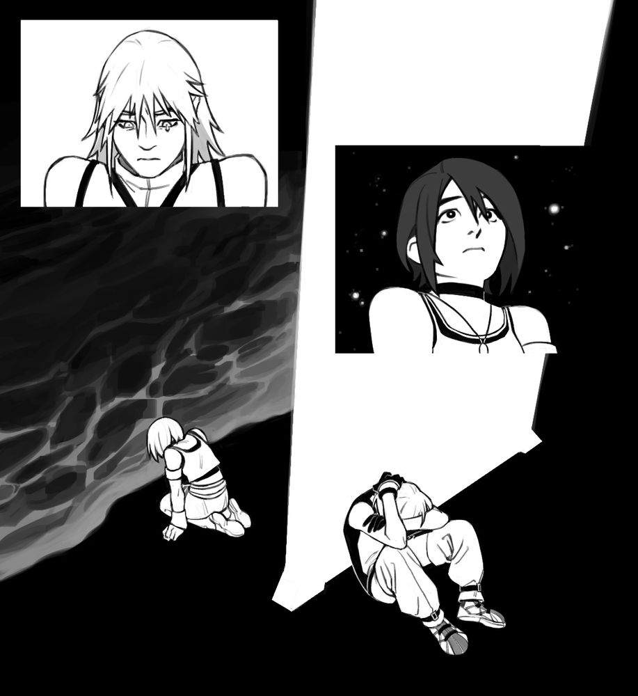 riku looking down, pensive. kairi staring out at sea, a bit blankly. both of them, at the sea and behind the door, back to back