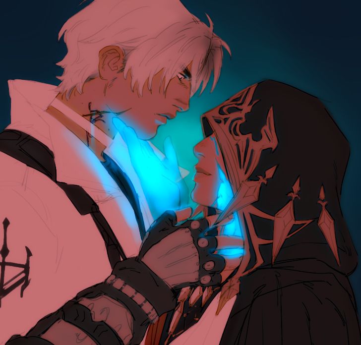Digital illustration of the Crystal Exarch and Thancred Waters from FFXIV. Against a dark blue backdrop, they stand close, facing one another. Thancred on the left, vaguely agitated, his right hand hovering shy of the Exarch's neck, as if intending to choke him. The Exarch on the right, smiling, with his crystallized hand holding Thancred's jaw/chin. Light from said hand, and the crystal on his neck and face, illuminates them both. The Exarch is noticeably shorter.