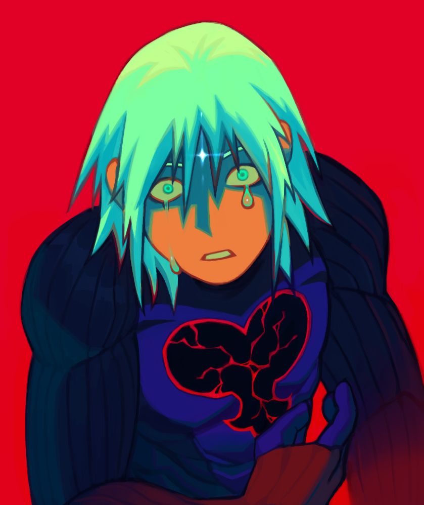 high saturation digital illustration of the riku replica, staring straight ahead with wide, teary eyes, one arm held toward his chest. the heartless emblem on his armor is cracked.