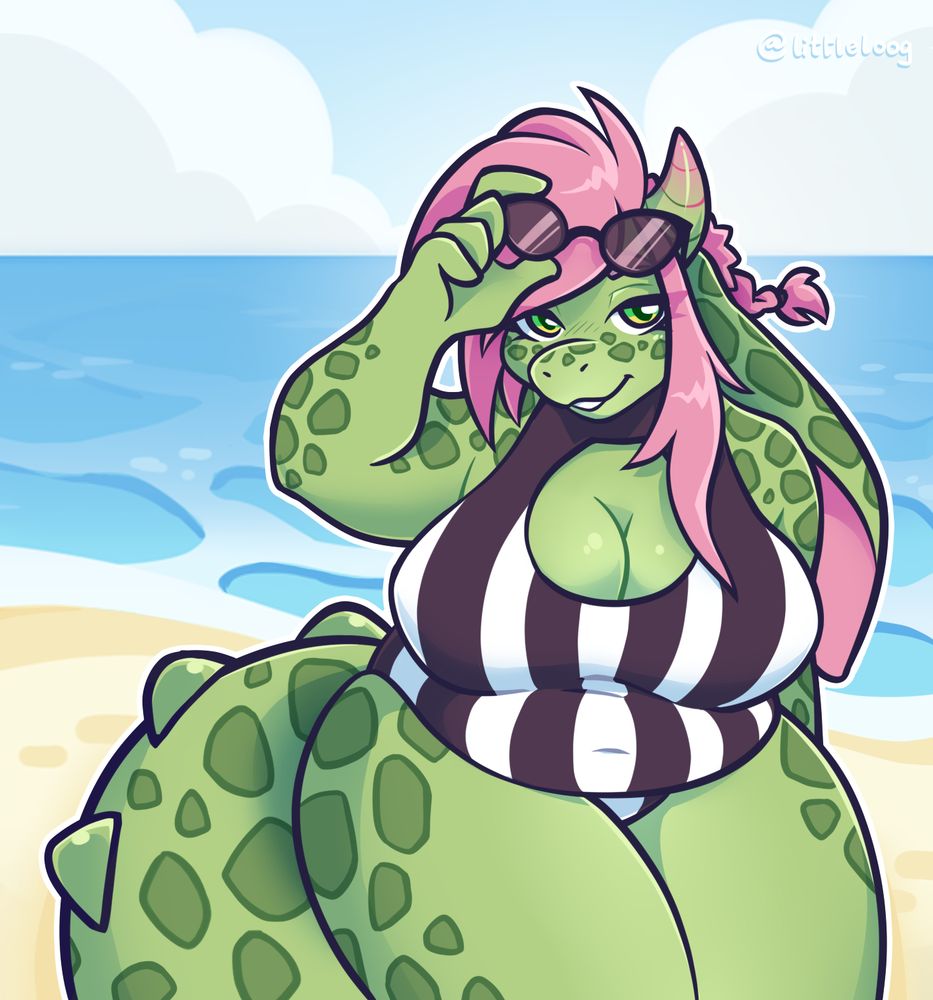 an illustration of a big dragon lady sitting on the beach, lifting her sunglasses so you can see her eyes
