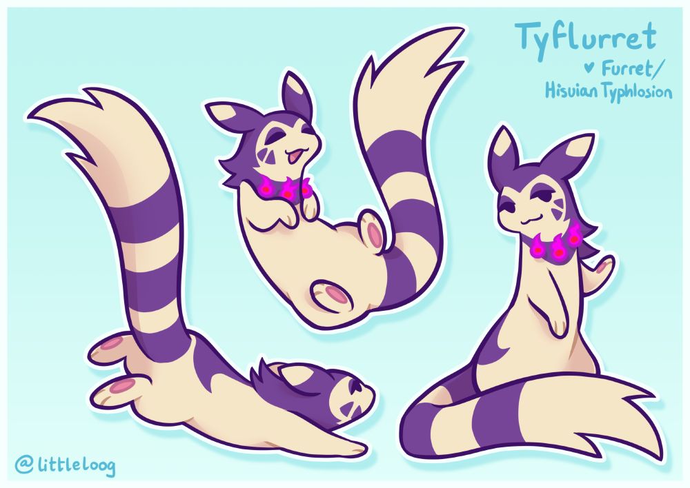 3 fullbody drawings of Tyflurret! He is a fusion of the pokemon furret and hisuian typhlosion