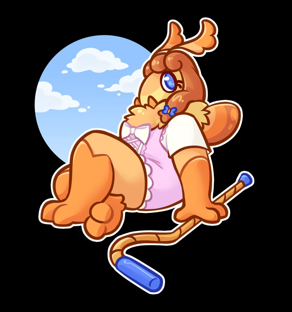 a fullbody illustration of a moth character sitting with one hand resting on her cane