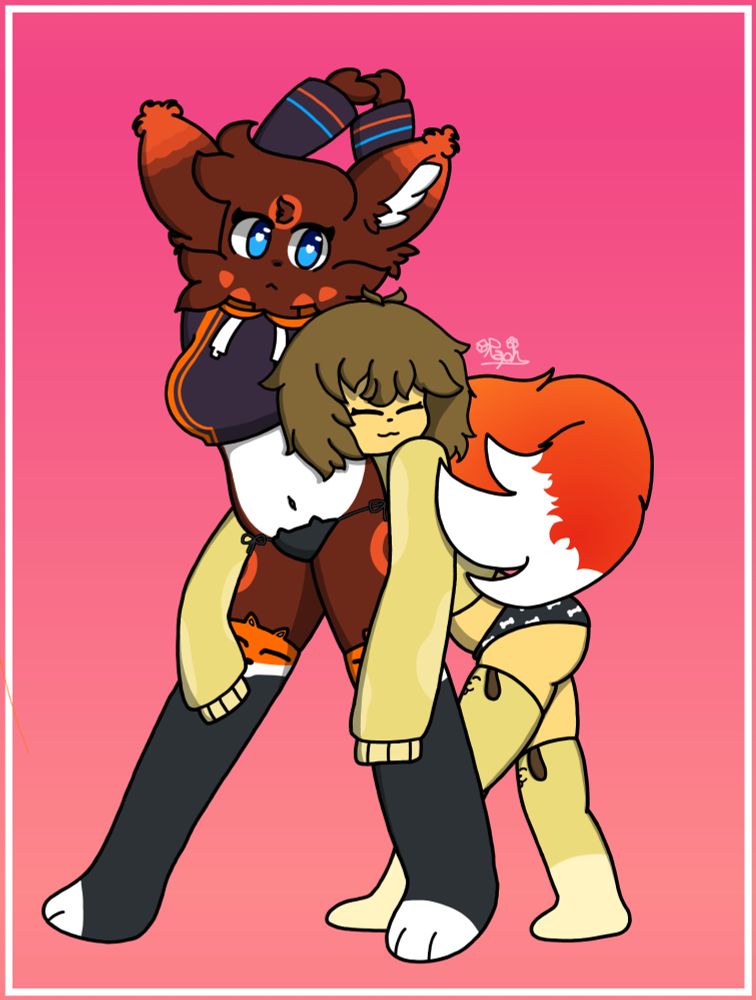 Amber stretching with her fox fit and Raph leaning down on her while wearing their new up-coming pup fit

Original reference from _megrocks