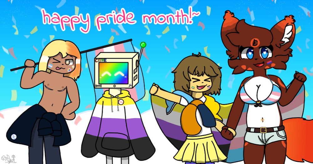 Fern with his uniform wrapped around his waist and carrying the Trans flag
Clementine having a rainbow screen, the Non-binary hoodie is shared by Raph
Raph wearing the Aroace hoodie like a scarf and holding half of the flag with Amber holding as well.