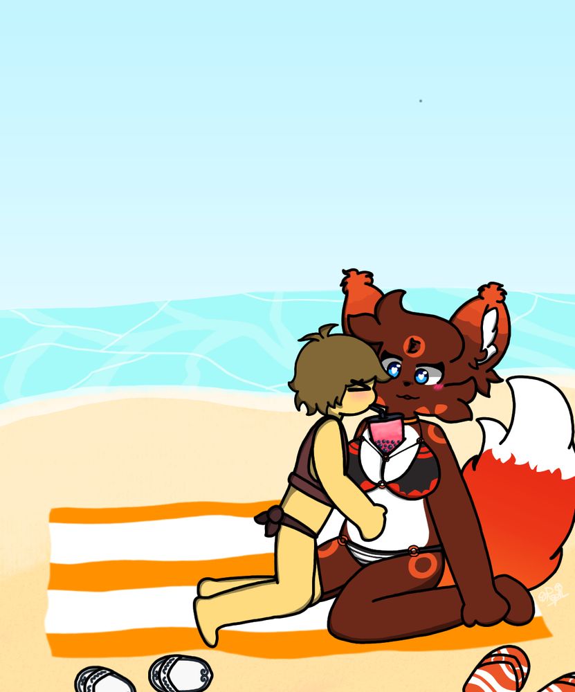 Raph drinking the red velvet bubble tea cup on Amber's chest