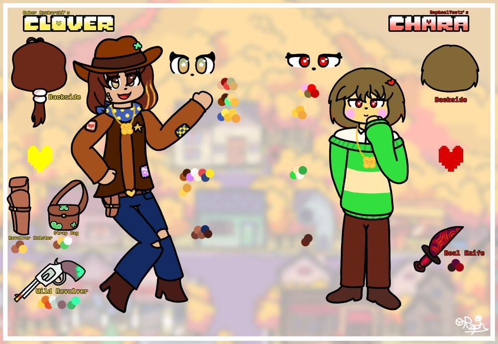 Raph as Chara, redrawn
@amberayukaruki.bsky.social as Clover from an Undertale fangame, Undertale Yellow!