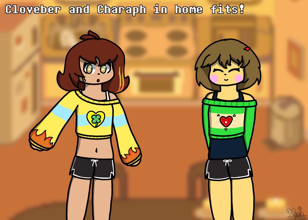 Clover and Chara in their home fits, wearing matching shorts and the same type of sweater but different designs

Chara sewed Clover's sweater for them