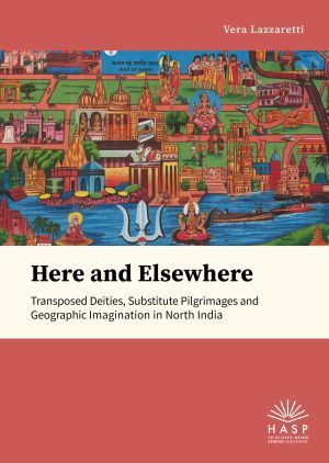 Book cover of "Here and Elsewhere". The cover shows a detail from a pilgrimage map depicting various sacred sites and deities.
