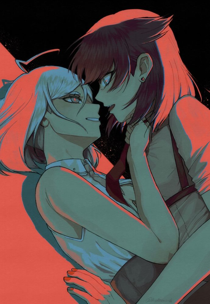 Illustration of Helen's OCs Miyako (dark hair) and Aiko (white hair).