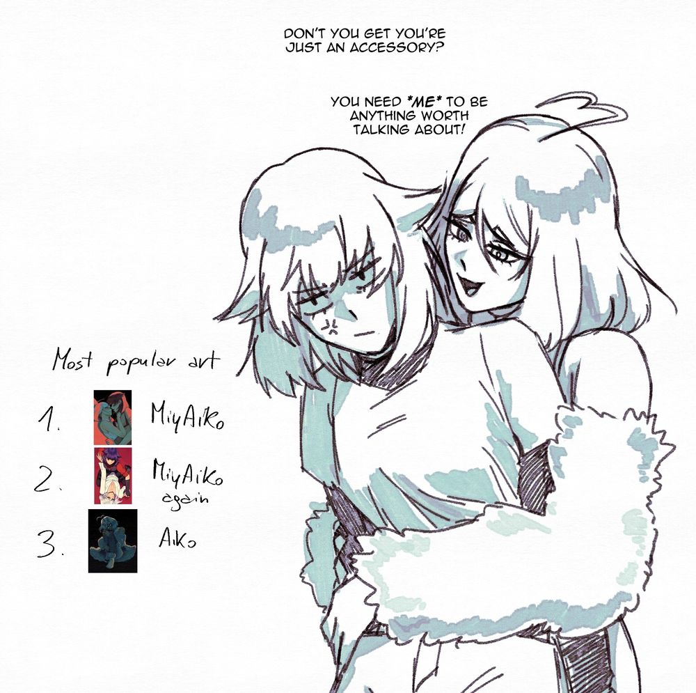 Aiko telling Miyako she's nothing much than an accessory as she needs her to be anything relevant. This is in reference to the artist's most popular works being their ship (twice) and then Aiko by herself.