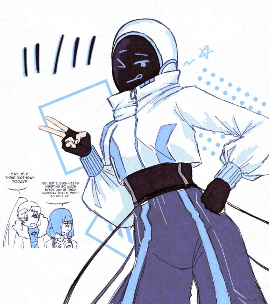 Agent Eleven posing and winking to the camera. Behind them there are two chibis of Yu-he and Lady V. Yu-he asks Lady V "Say, is it their birthday today?", Lady V replies with "No, but Eleven keeps insisting so much every day is their birthday that it might as well be."