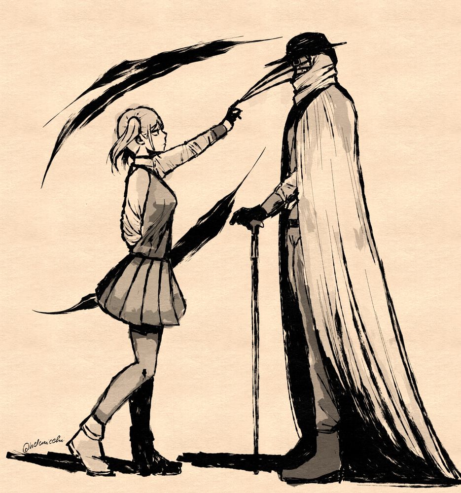 Inky drawing of Helen's OCs Rika and The Crow. Rika adopted The Crow as her father (inverse adoption? idk) and desires to cover his role in the "next era". That means, just like him, she will serve the next White Crows' boss and make sure all of their plans succeed. To make this dream reality, Rika is working on the plan "New Era" behind the scenes.