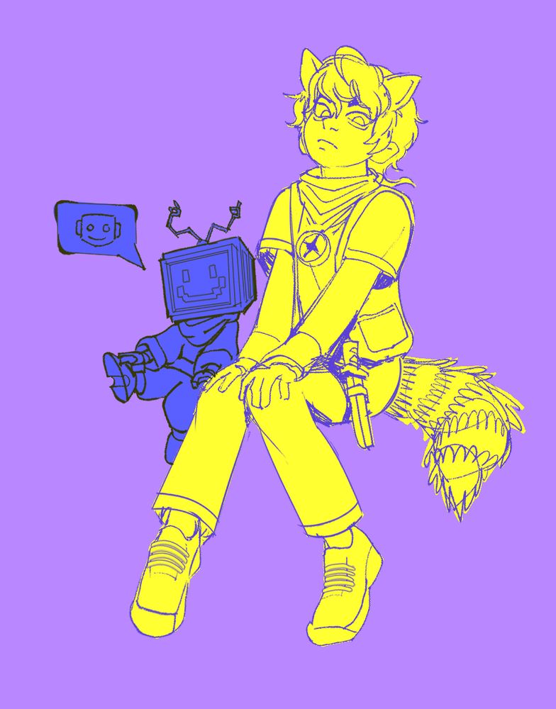 drawing of c!tommy containing some popular headcanons i could think of: chat as a little robot, tommy is a racoon, tommy wears tubbos compass as a necklace, he weart a waistcoat made out of friends wool.