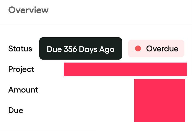 A screenshot of the invoice overview section of an accounting software platform. The text at the top reads 'Overview'. Underneath this, text in bold reads 'Status - Overdue'. A pop-up box in black contains white text which reads 'Due 356 Days Ago'. The project name, amount, and amount due are all redacted.