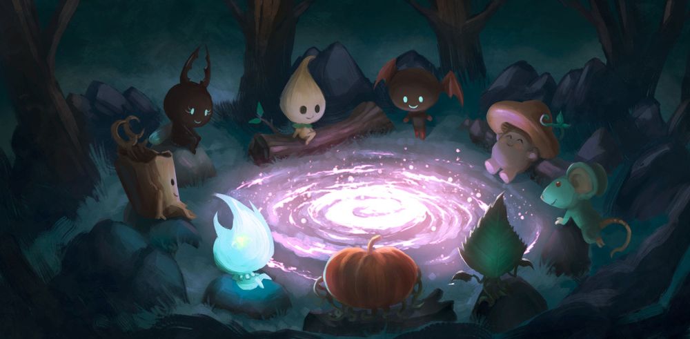 Spritely characters sitting around a "campfire" built from the construction of a new universe. We want to build new social worlds together!