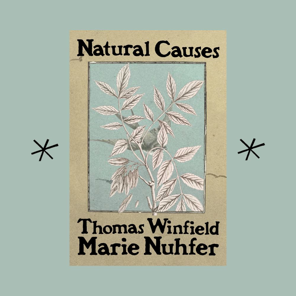 Cover image of Natural Causes by Thomas Winfield Marie Nuhfer. A woodcut illustration of an ash branch obscuring a swallow in flight on a sage green background.
