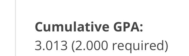 a cropped screenshot of my current cumulative gpa reading 3.0