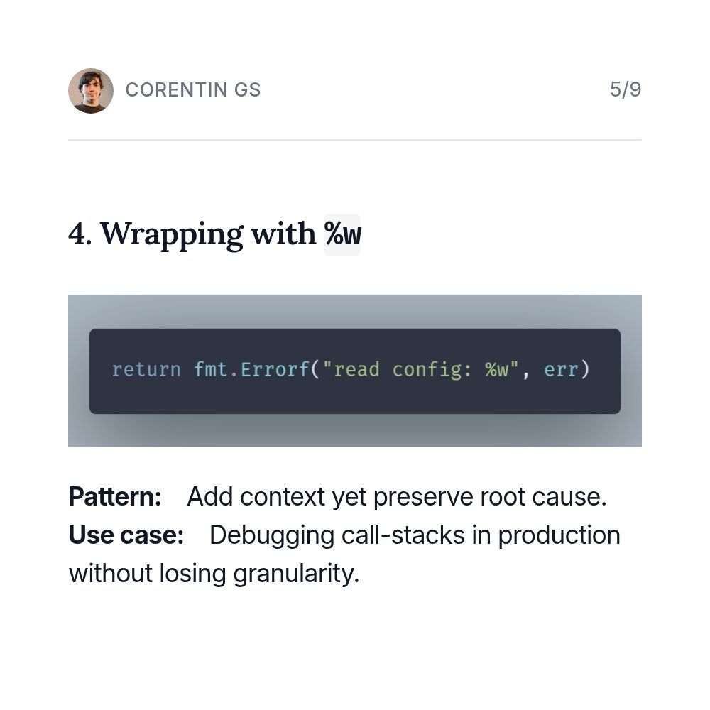 1. Error-as-Value (Idiomatic Go) Pattern: Return error as a normal value. Why it matters: Prevents panics and keeps control flow explicit in micro-services.