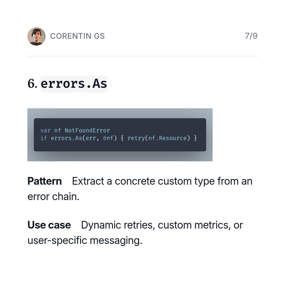 1. Error-as-Value (Idiomatic Go) Pattern: Return error as a normal value. Why it matters: Prevents panics and keeps control flow explicit in micro-services.