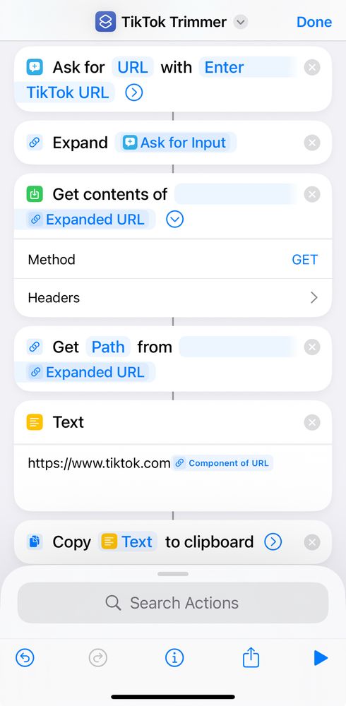 Screenshot of a custom iOS shortcut to expand and trim TikTok URLs to make them viewable without downloading the app.