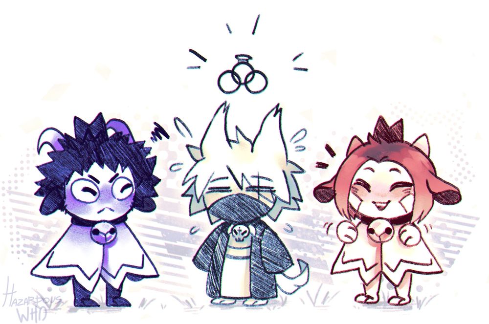 Obito as the Goat and Rin as the Lamb from Cult of the Lamb, while Kakashi is depicted as a wolf follower wearing the Golden Skull Necklace. Above Kakashi's head is three rings interlocked, implying Rin and Obito have married him.