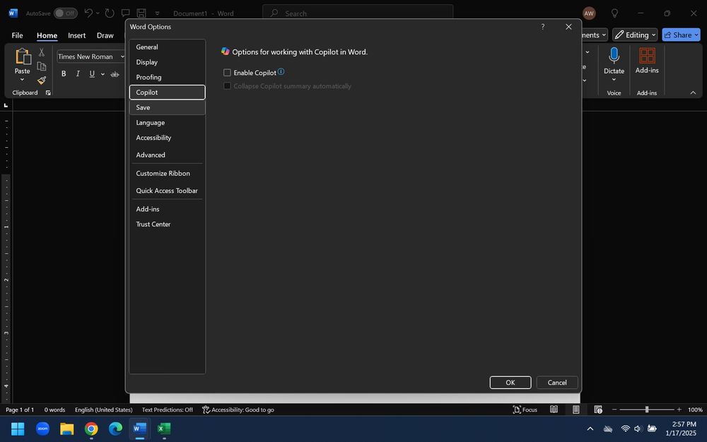 Screen shot of how to turn off Copilot in Microsoft Word by going through File --> Options --> Copilot, and unclicking "Enable Copilot"